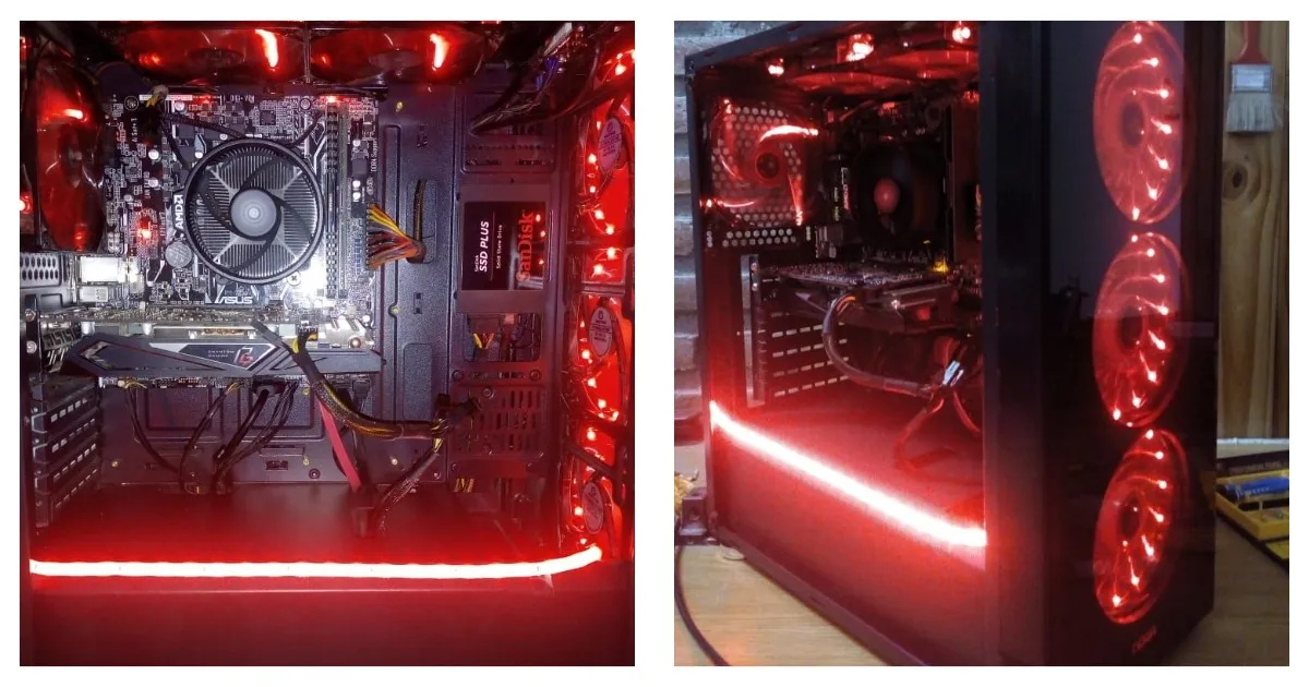 Interior y exterior de una PC armada por encargo con iluminación LED roja