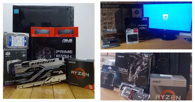 Componentes nuevos listos para armar un equipo por encargo: placa madre, procesador, memorias, disco y placa de video