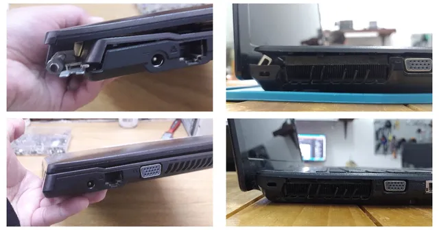 Carcasa lateral de una notebook rota junto al mismo lateral ya reparado, con los puertos alineados