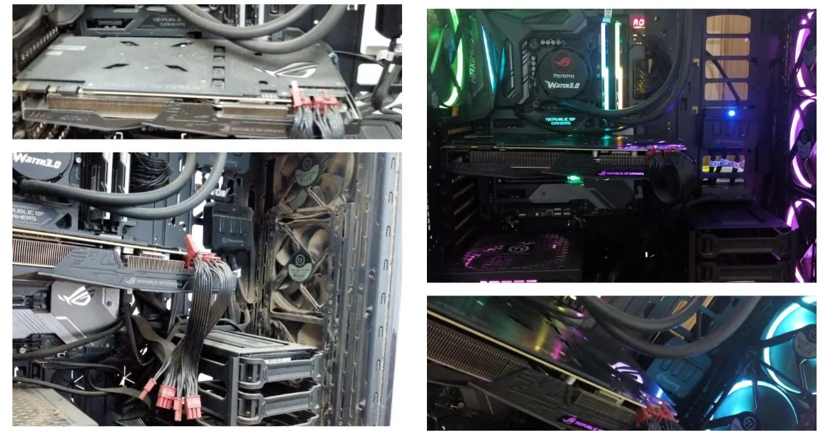 Interior de una PC gamer con polvo sobre la placa de video y los ventiladores, y el mismo equipo limpio con la iluminación encendida