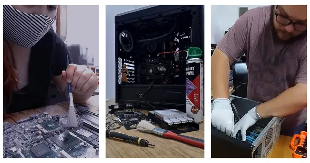 Integrantes de ID Soluciones Informáticas limpiando componentes de una PC con pincel y guantes