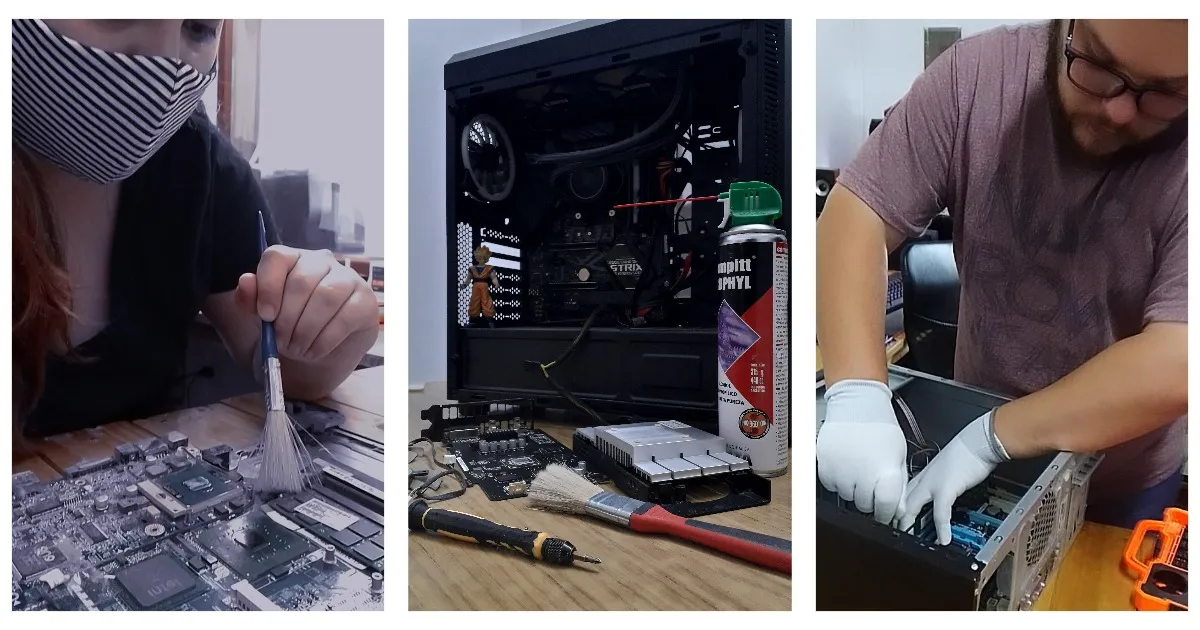 Integrantes de ID Soluciones Informáticas limpiando componentes de una PC con pincel y guantes