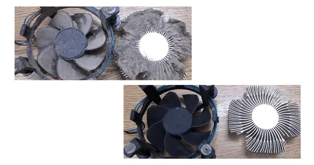 Disipador de PC cubierto de polvo antes de la limpieza y el mismo disipador limpio después