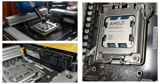 Aplicación de pasta térmica sobre un procesador AMD Ryzen y colocación de la memoria en la placa madre